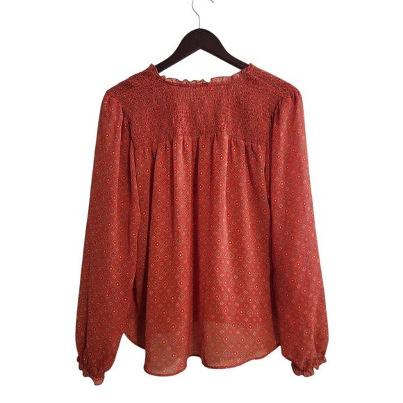 Time & Tru Orange Pleated Sheer Peasant Top Large - Picture 2 of 6